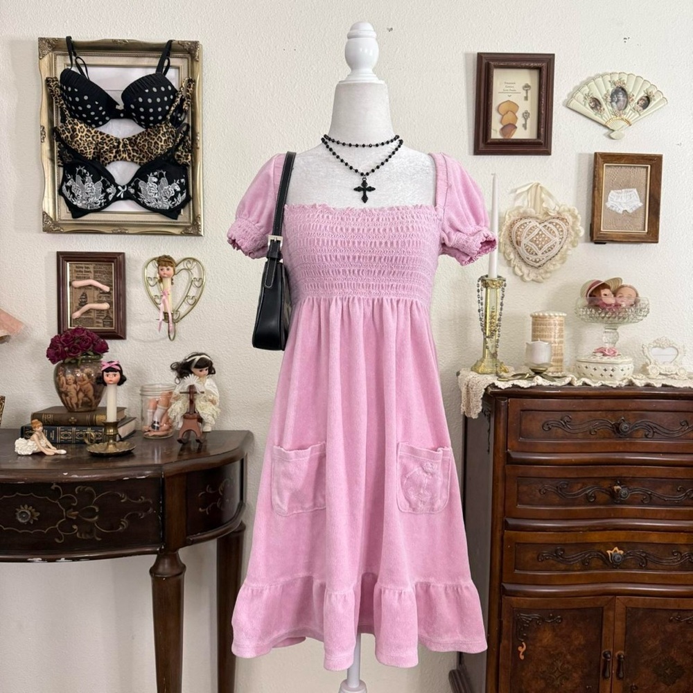 Y2k Juicy Couture dainty coquette cutie girly pink terrycloth babydoll dress